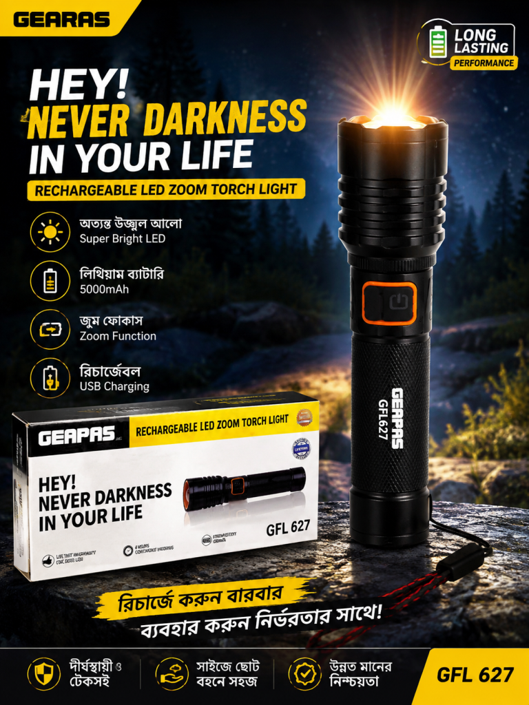 Geepas GFL627 Rechargeable LED Zoom Torch Light - 5000mAh Battery, Super Bright